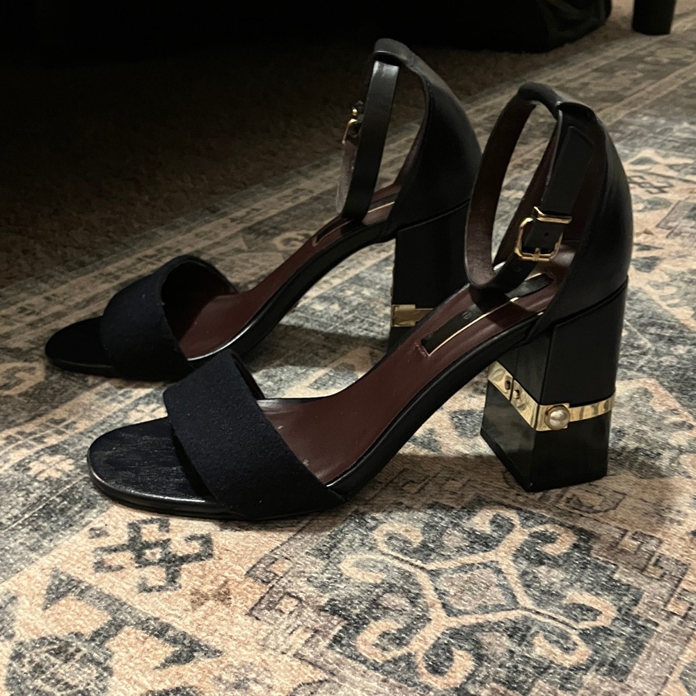 Kensie Navy Block Heel Sandals with gold and pearl detail